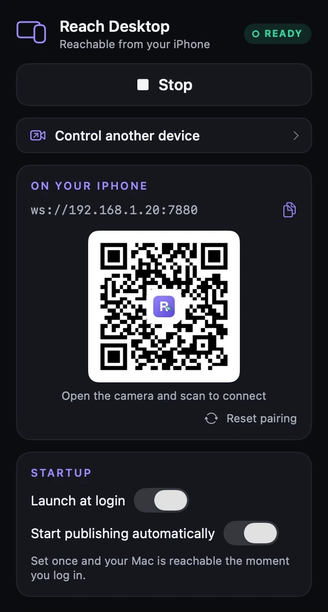 The Reach Desktop menu bar panel: ready to connect, with the QR code an iPhone scans to reach this Mac, and the startup switches for launching at login and publishing automatically.